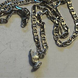 sterling Silver Chain Necklace with Praying Hands Pendant